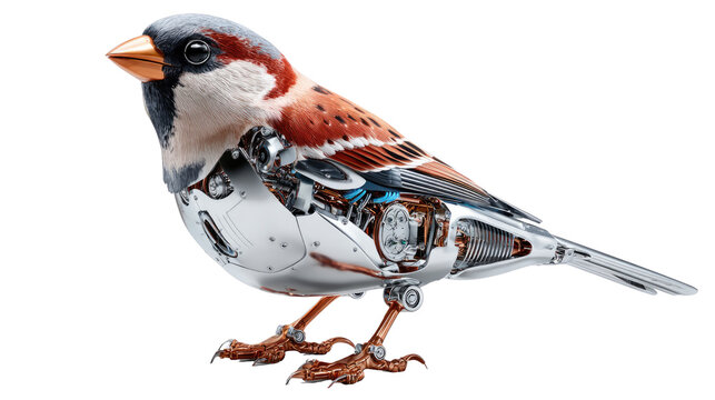 Mechanical Sparrow: A captivating illustration of a robotic sparrow blending mechanical artistry with avian design, showcasing intricate details of gears, metallic components.