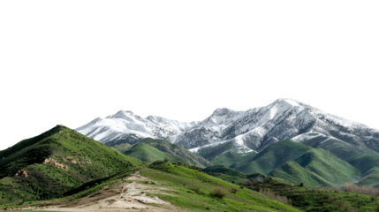 Majestic Mountain Ranges: A scenic view of towering mountain peaks, some crowned with pristine snow, their slopes carpeted in lush greenery under a bright, expansive sky.