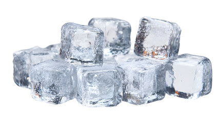 Close up of clear ice cubes arranged on a isolated on white transparent background perfect for refreshing beverages and summer themes