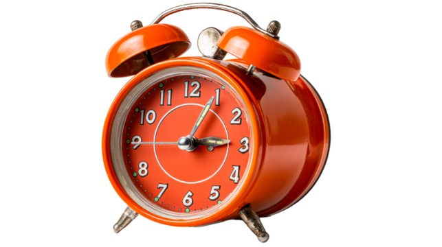 Vintage orange metal twin bell alarm clock with white face and black numerals, cut out transparent