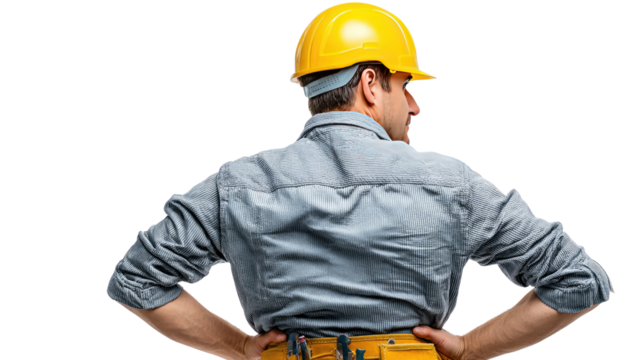 Builder Back View: A construction worker, clad in a hard hat and work attire, stands proudly, exuding confidence and a focus on the task at hand, with a firm pose of dedication to safety