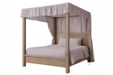 Vintage wooden bed featuring soft pink canopy, elegant bedding, radiating romantic charm against transparent background