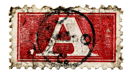 Vintage postage stamp with large black circular cancellation mark and frayed edges, cut out transparent