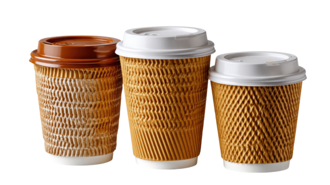 Coffee Cups Trio: A studio shot of three disposable coffee cups, artfully arranged, showcasing the diverse shapes and textures