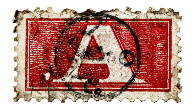 Vintage postage stamp with large black circular cancellation mark and frayed edges, cut out transparent