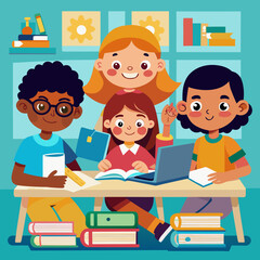 Diverse Children Studying Together Vector Illustration