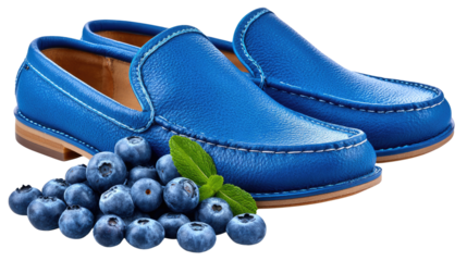 Blue Footwear and Fresh Berries: A vibrant pair of stylish, smooth, blue shoes is artfully arranged with a pile of fresh blueberries and a single mint leaf.