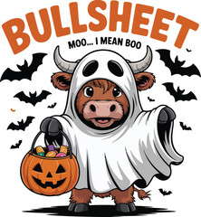 BULLSHEET – Funny Highland Cow Halloween Ghost with Pumpkin Candy Bucket Vector Illustration