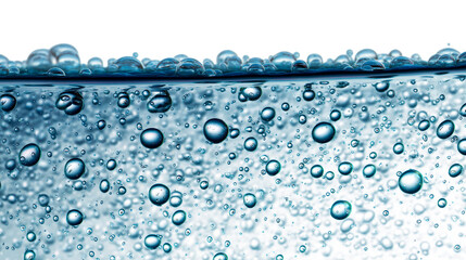 Close-up underwater view of numerous blue translucent bubbles rising and floating in clear liquid, cut out transparent