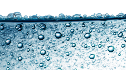 Close-up underwater view of numerous blue translucent bubbles rising and floating in clear liquid, cut out transparent