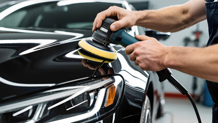 Expert using hand power polimiter to smooth the surface on black car, showing off its glossy finish.