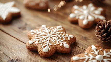 Festive decorated gingerbread cookies arranged on wooden table for holiday celebration