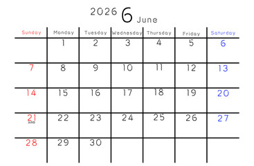 2026年6月　シンプルカレンダー 曜日 英語