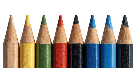 A vibrant display: Row of sharpened color pencils on a stark transparent background