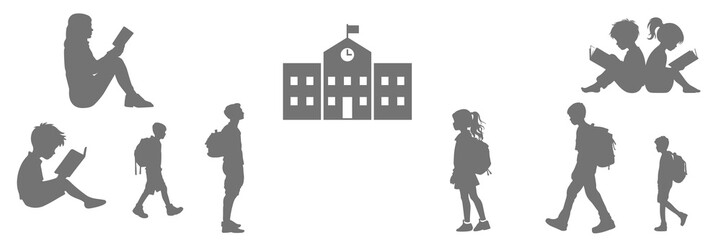Set of silhouette of kids, kids silhouette icons, icons of children silhouettes, silhouettes of people , back to school concept, September back to school concept
