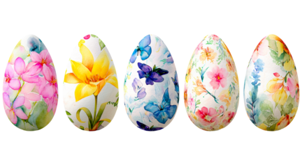 Five decorated eggs with floral and butterfly watercolor designs, cut out transparent