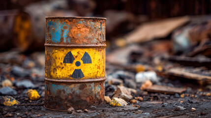 Rusted nuclear waste barrel with a yellow and black radiation hazard symbol on it. The background is dark, with debris scattered around the barrel.