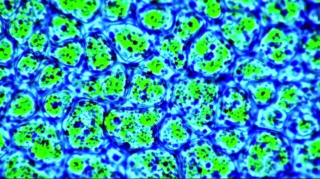 Microscopic world of cells: Green and blue cellular structure moving seamlessly