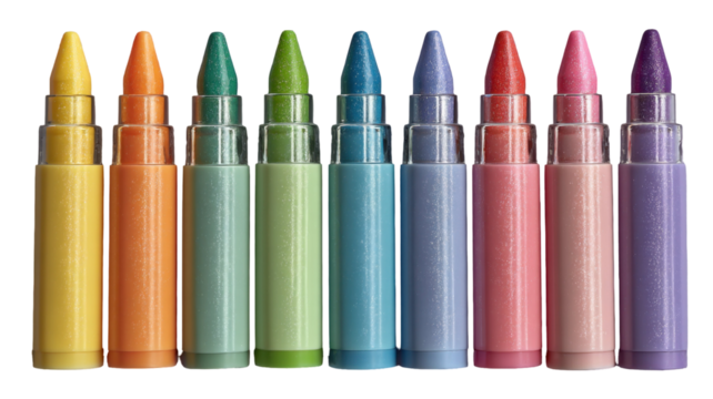 A colorful array of gel crayons arranged in a row against a transparent background