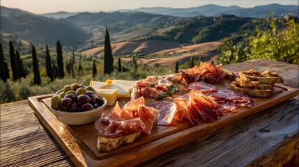 Tuscany charcuterie board with olives cheese and cured meats italian appetizer food photography landscape view