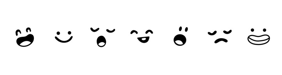 Set of funny cartoon face expressions of emotions, funny and sad, surprised and scared, smiling and laughing. Vector illustration, simple doodle style, line art