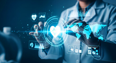 Healthcare Professional Interacting with Futuristic Medical Interface and Global Health Data.
