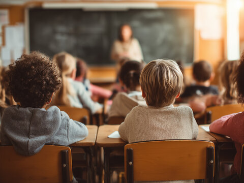 Children sitting at school desks, viewed from behind, attentively watching a teacher at the chalkboard. No visible faces or hands. Warm classroom atmosphere. Ideal for education and school content.