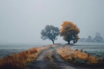 Misty autumnal lane with two trees