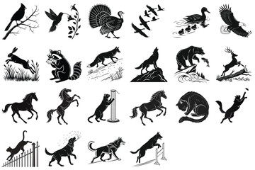 Silhouette vector set of wild animals, including horses and other creatures