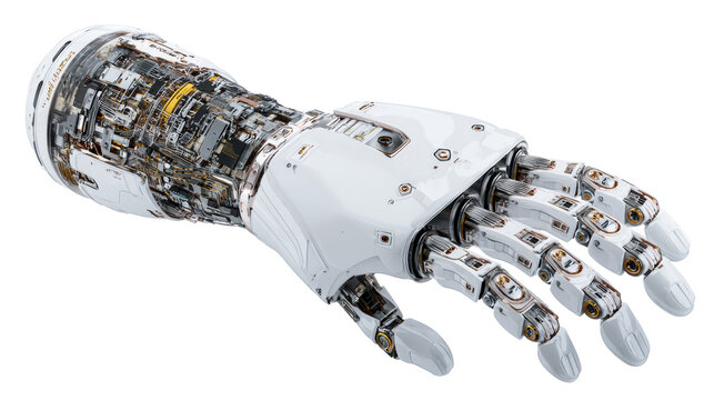 Advanced robotic hand with exposed internal wiring and articulated fingers, cut out transparent