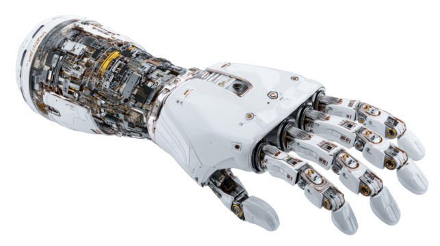 Advanced robotic hand with exposed internal wiring and articulated fingers, cut out transparent
