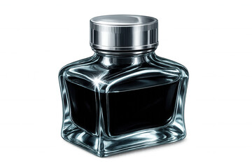 Vintage glass inkwell filled with dark ink, resting on transparent surface, highlighting classic writing instrument for artistic stationery enthusiasts