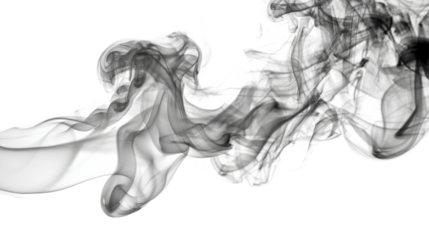 Abstract wisps of grey smoke swirling against a pure white background, cut out transparent