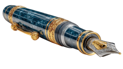 Elegant fountain pen with intricate gold and silver detailing on a transparent backdrop