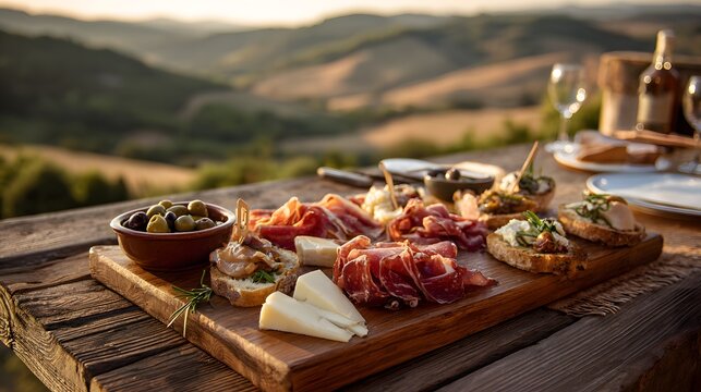 Tuscany charcuterie board with wine and olives on wood table with landscape view for food blog content - Powered by Adobe