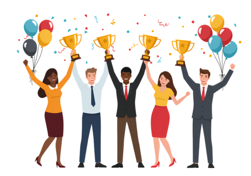 Celebrating Success Diverse Team Triumphs with Golden Trophies  Festive Balloons isolated on transparent background