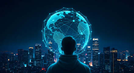 Person views glowing digital globe with network over futuristic city skyline at night representing global technology and connectivity.