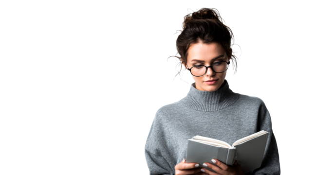 Young woman wearing eyeglasses reads a book while wearing a grey turtleneck sweater, cut out transparent