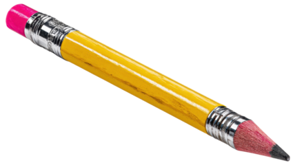 Macro photograph of a classic yellow pencil with pink eraser on transparent background