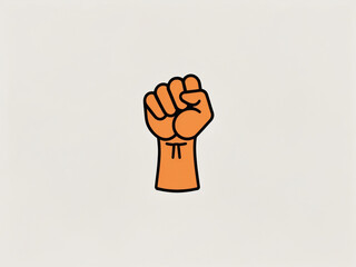 A cartoon illustration of a raised fist. A simple orange and black icon symbolizing power, protest, and solidarity.