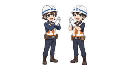 Builders dressed in protective vests and helmets. Construction worker character. Cartoon illustration.