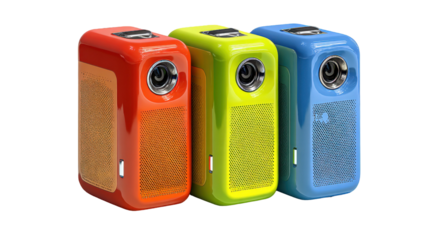 Vibrant Trio: Colorful Mini Projectors Standing Out on a Bold transparent backdrop