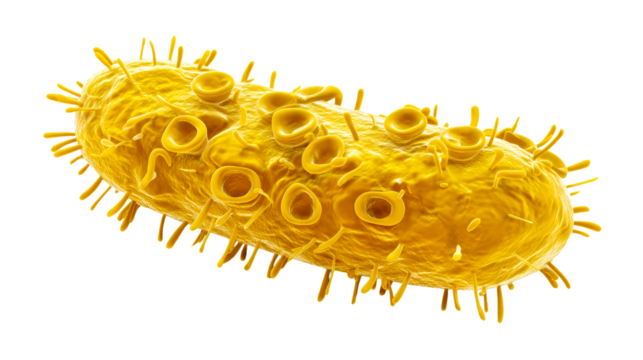 Detailed microscopic view of a yellow oval bacterium with flagella and surface pores, cut out transparent