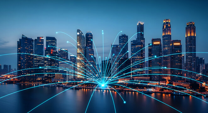 Smart city skyline with glowing data lines connecting buildings over water at night.