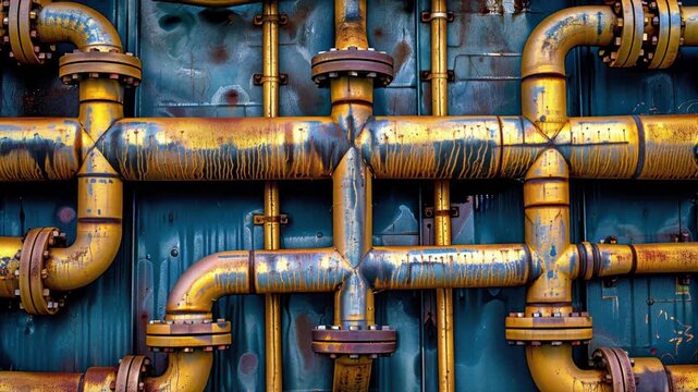 Complex network of yellow pipes with rusty flanges against a textured dark blue background. AI.