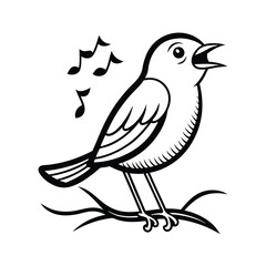 Elegant line art illustration of a nightingale perched and singing beautifully on a white background