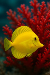 Yellow Tang Fish Swimming Near Red Coral in Tropical Reef