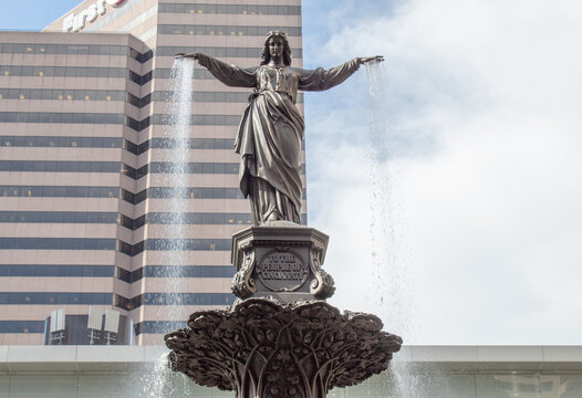 Cincinnati, Oh USA on April 22, 2019. View of the Genius of Water statue at fountain square.