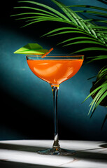 Orange alcoholic cocktail with bourbon, gentian bitters, and lemon juice. Marble table, elegant background with tropical leaves