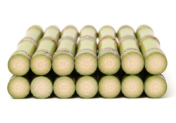 ultra-realistic cut sugarcane sticks arranged in segments isolated on white background for recipe illustrations and stock images